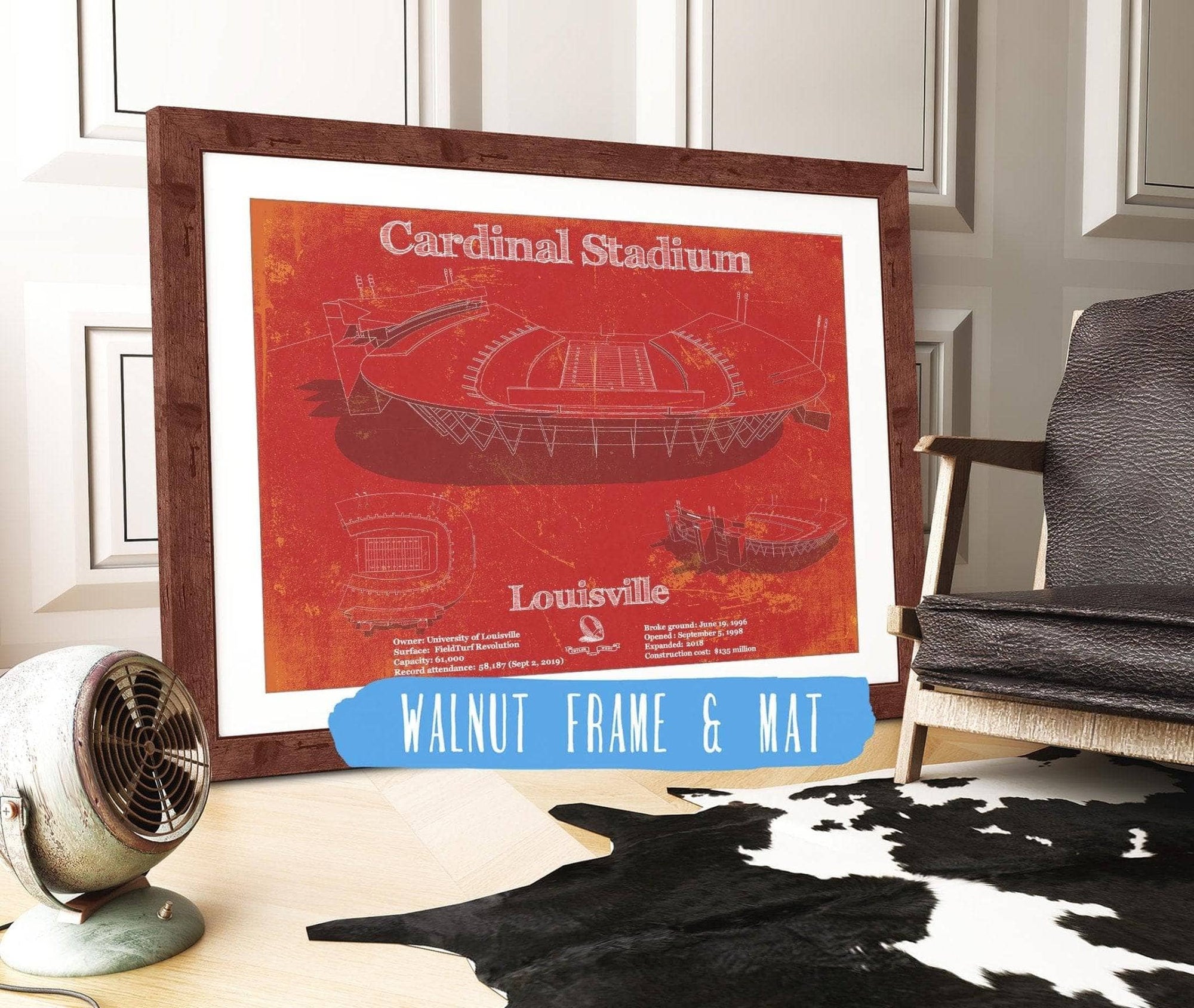 Cutler West College Football Collection 14" x 11" / Walnut Frame & Mat Cardinal Stadium Louisville Cardinals Football Vintage Art Print 845000270_44847
