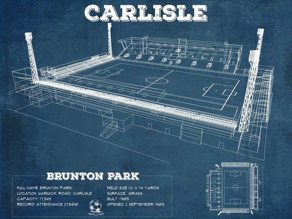 14" x 11" / Unframed Cutler West Carlisle United F.C. Brunton Park Blueprint Vintage Soccer Print