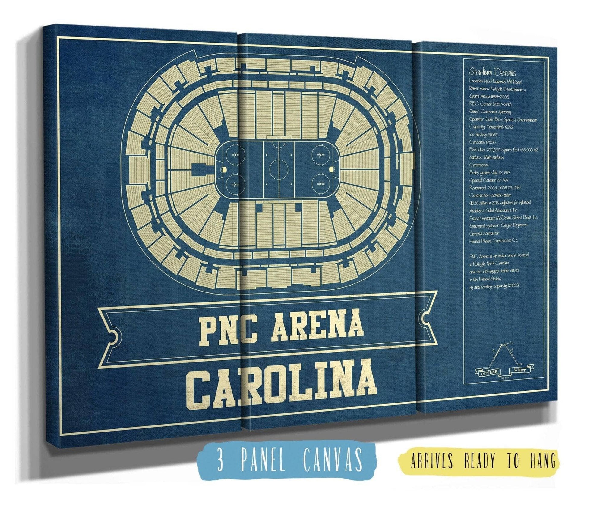 Cutler West 48" x 32" / 3 Panel Canvas Wrap Carolina Hurricanes PNC Arena Vintage Hockey Print 933350187_78923