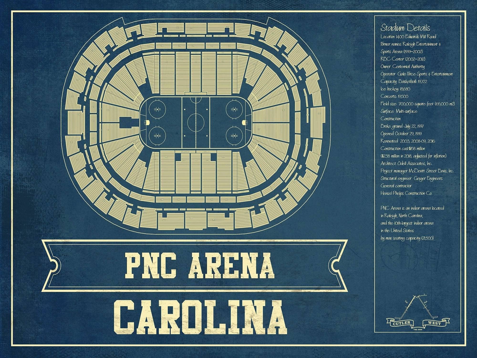 Cutler West 14" x 11" / Unframed Carolina Hurricanes PNC Arena Vintage Hockey Print 933350187_78873