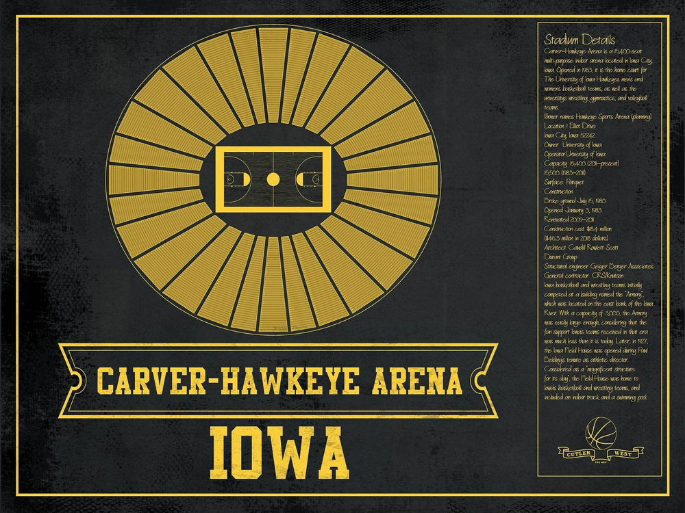 14" x 11" / Stretched Canvas Wrap Cutler West Carver–Hawkeye Arena Iowa Men's And Women's Basketball Team Vintage Print
