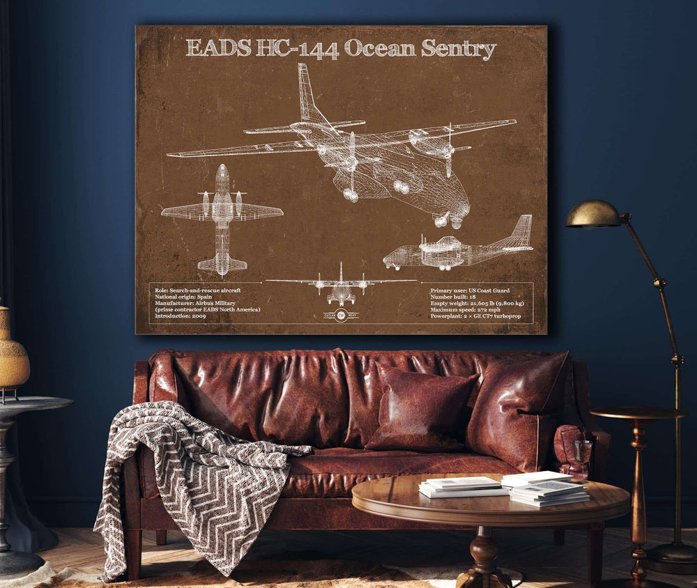 14" x 11" / Stretched Canvas Wrap Cutler West CASA HC-144A Ocean Sentry Vintage Aviation Blueprint Print - Custom Pilot Name Can Be Added
