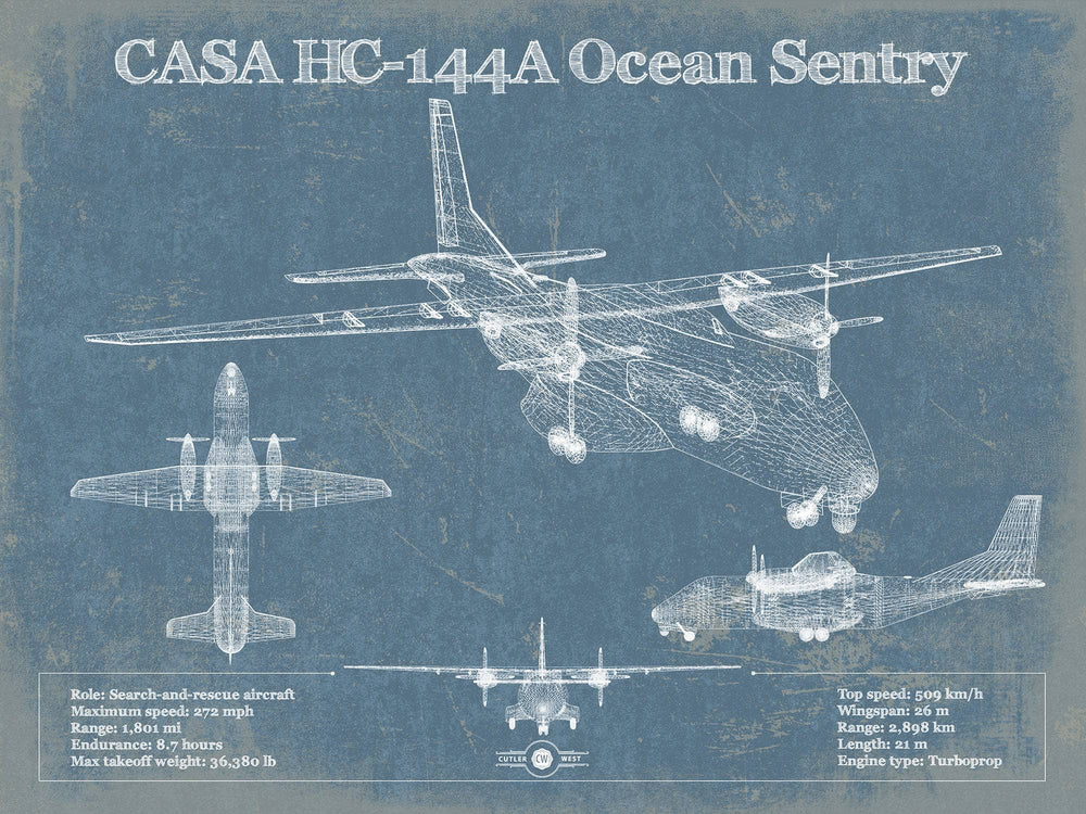 14" x 11" / Stretched Canvas Wrap Cutler West CASA HC-144A Ocean Sentry Vintage Aviation Blueprint Print - Custom Pilot Name Can Be Added