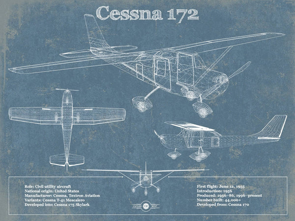14" x 11" / Unframed Cutler West Cessna 172 Original Blueprint Art