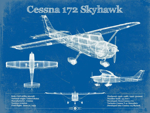 14" x 11" / Unframed Cutler West Cessna 172 Skyhawk Original Blueprint Art