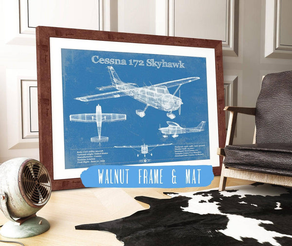 20" x 16" / Walnut Frame & Mat Cutler West Cessna 172 Skyhawk Original Blueprint Art