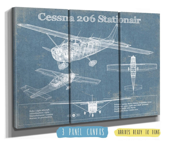 36" x 24" / 3 Panel Canvas Wrap Cutler West Cessna 206 Stationair Vintage Blueprint Airplane Print