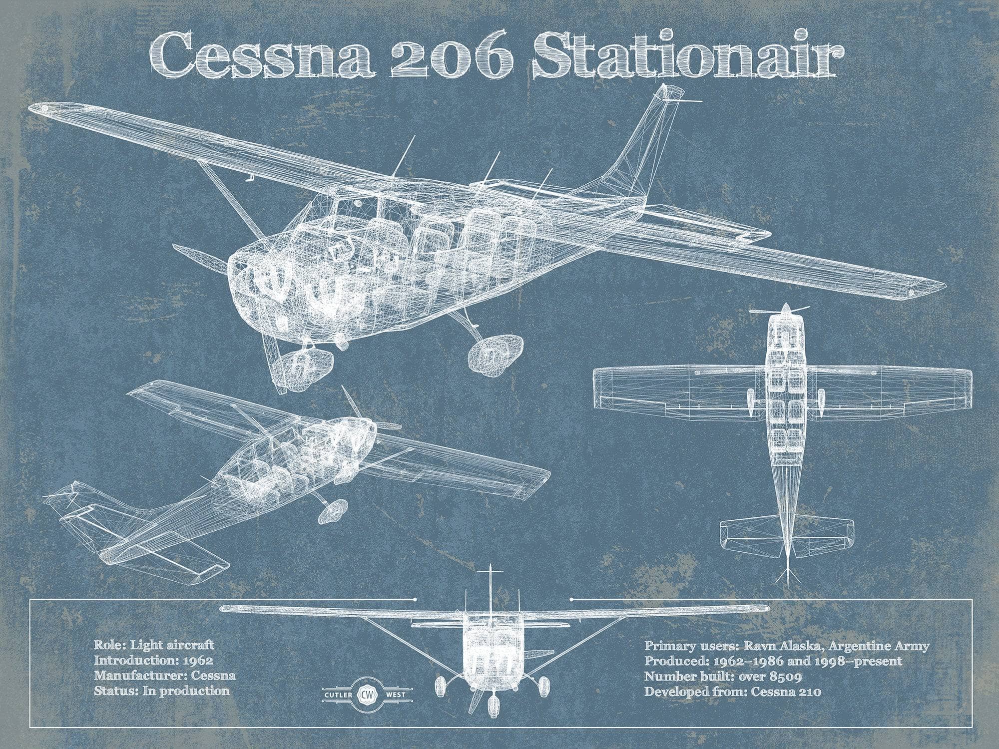 Cutler West Cessna Collection 14" x 11" / Unframed Cessna 206 Stationair Vintage Blueprint Airplane Print 891069023_50123