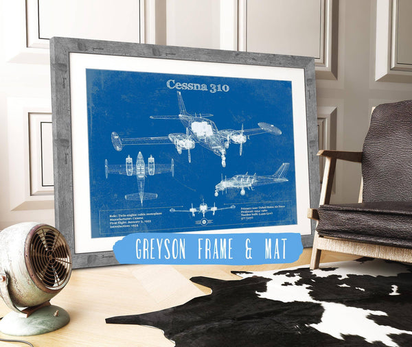 14" x 11" / Greyson Frame & Mat Cutler West Cessna 310D V06 Original Blueprint Art