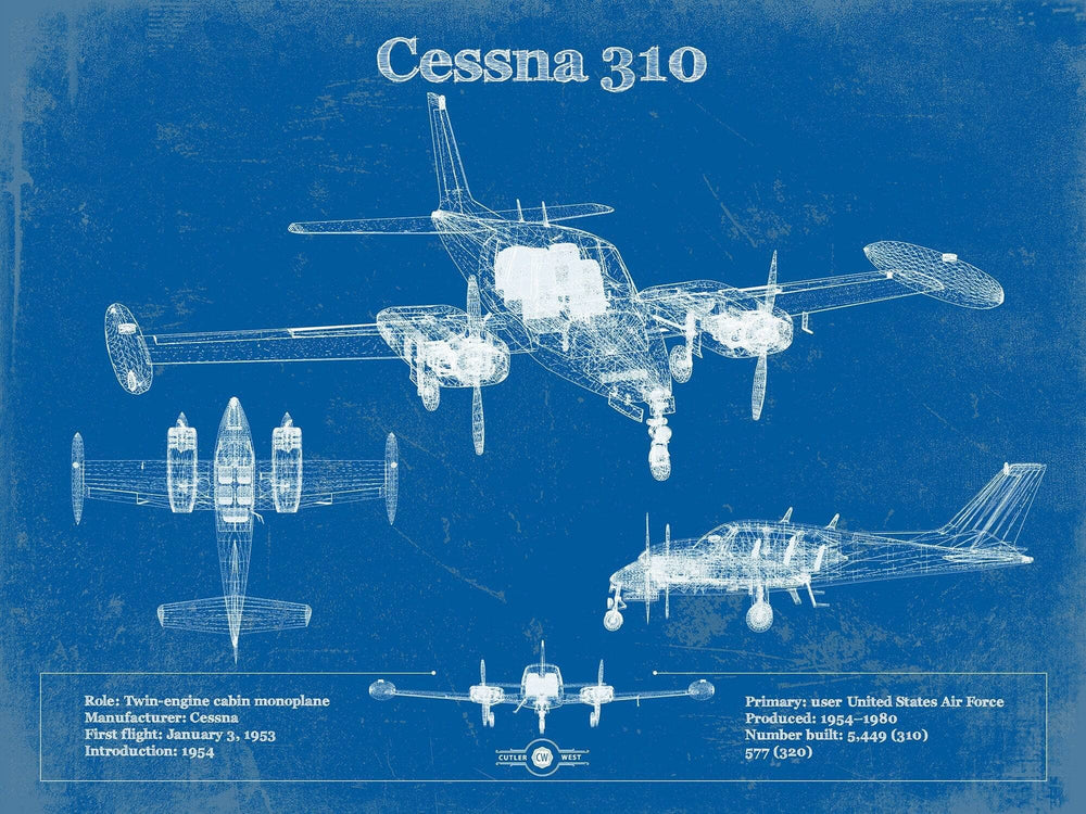 14" x 11" / Stretched Canvas Wrap Cutler West Cessna 310D V06 Original Blueprint Art