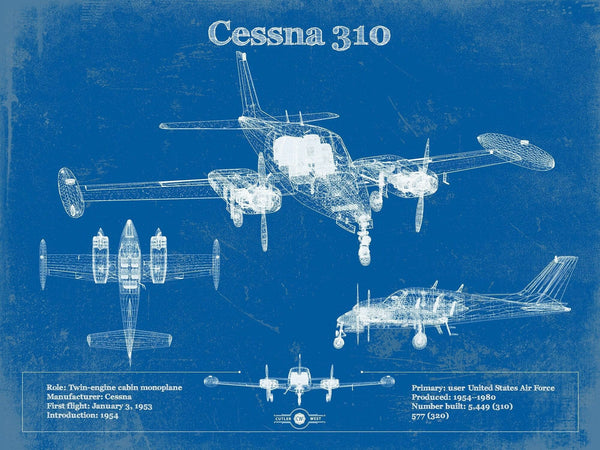 14" x 11" / Unframed Cutler West Cessna 310D V06 Original Blueprint Art