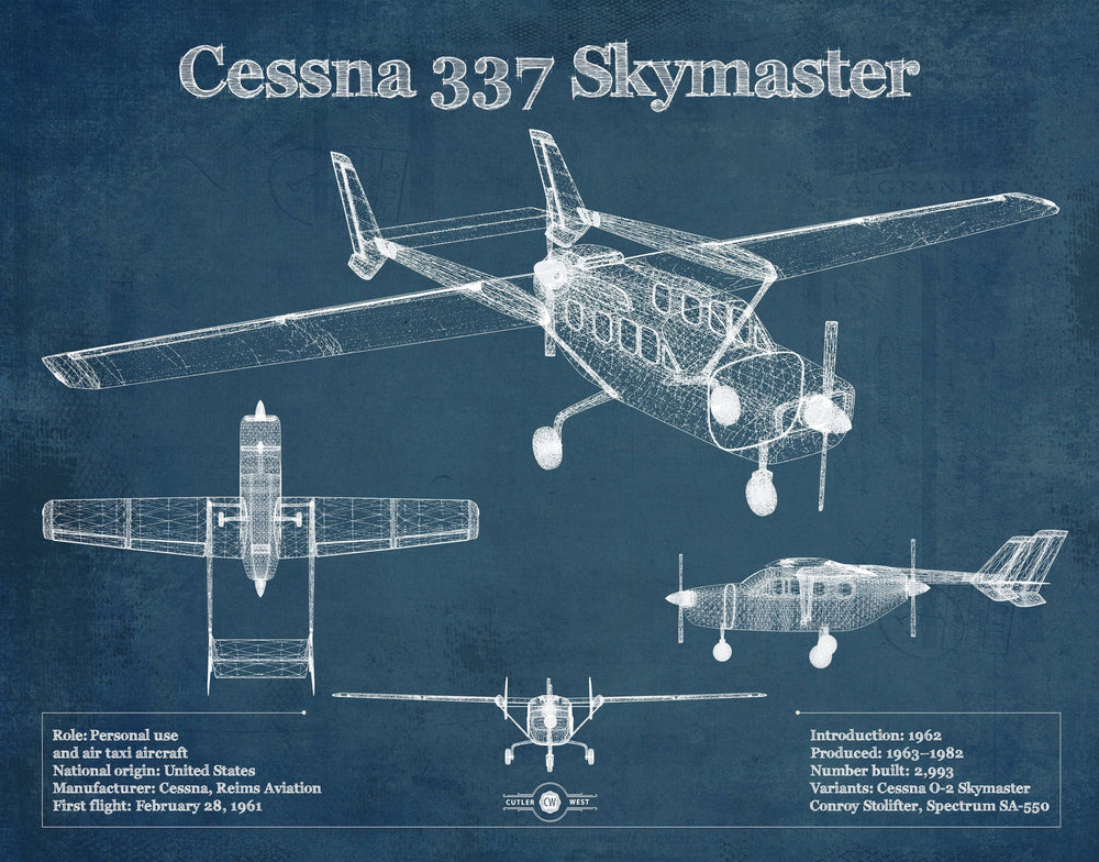 14" x 11" / Stretched Canvas Wrap Cutler West Cessna 337 Skymaster Air Taxi Aircraft Original Blueprint Art