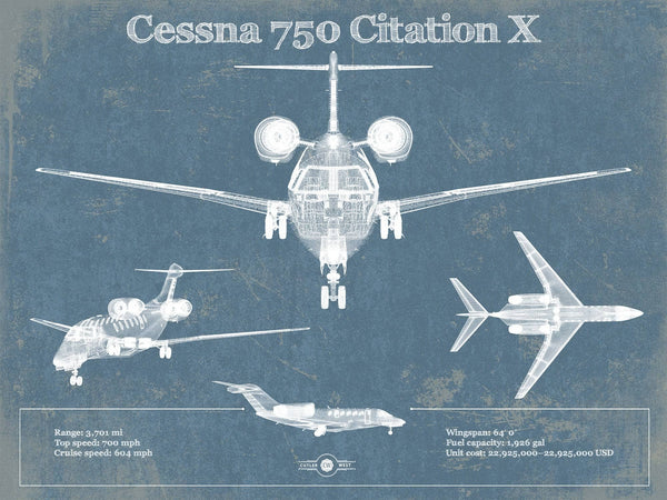 14" x 11" / Unframed Cutler West Cessna 750 Citation X Original Blueprint Art