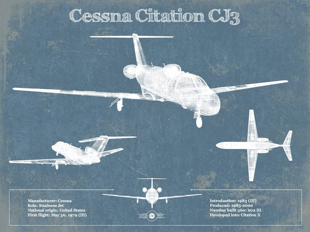 14" x 11" / Stretched Canvas Wrap Cutler West Cessna Citation CJ3 Original Blueprint Art