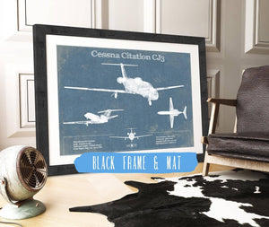 20" x 16" / Black Frame & Mat Cutler West Cessna Citation CJ3 Original Blueprint Art