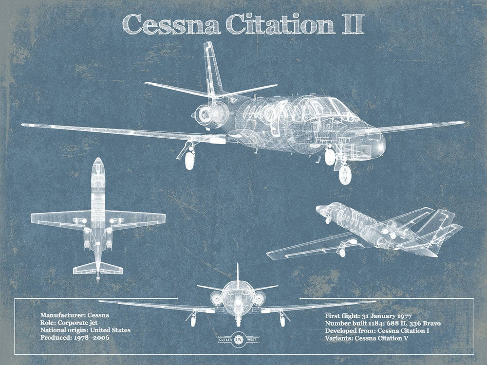 14" x 11" / Stretched Canvas Wrap Cutler West Cessna Citation CJ4 Vintage Blueprint Airplane Print
