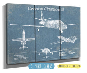 36" x 24" / 3 Panel Canvas Wrap Cutler West Cessna Citation CJ4 Vintage Blueprint Airplane Print