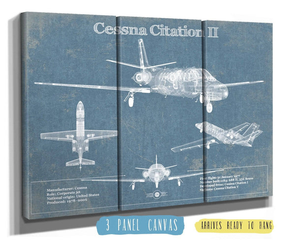 36" x 24" / 3 Panel Canvas Wrap Cutler West Cessna Citation CJ4 Vintage Blueprint Airplane Print