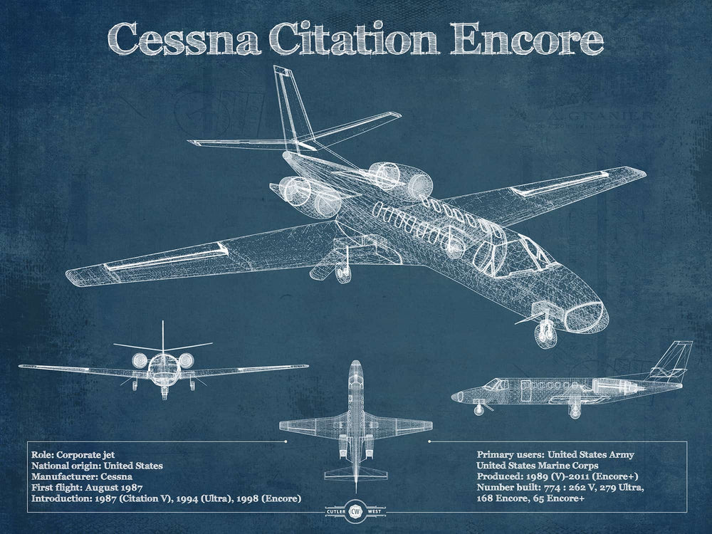 14" x 11" / Stretched Canvas Wrap Cutler West Cessna Citation Encore Jet Original Blueprint Art