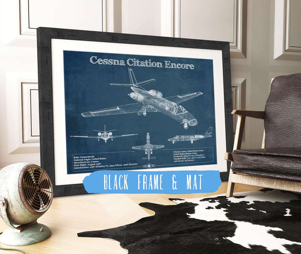 20" x 16" / Black Frame & Mat Cutler West Cessna Citation Encore Jet Original Blueprint Art