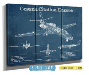 36" x 24" / 3 Panel Canvas Wrap Cutler West Cessna Citation Encore Jet Original Blueprint Art