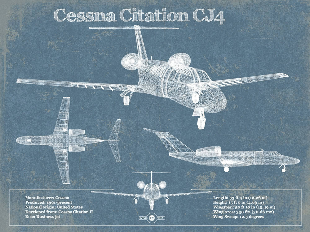 14" x 11" / Stretched Canvas Wrap Cutler West Cessna Citation II Original Blueprint Art