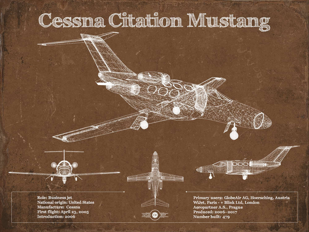 14" x 11" / Stretched Canvas Wrap Cutler West Cessna Citation Mustang Original Blueprint Art