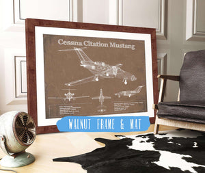 20" x 16" / Walnut Frame & Mat Cutler West Cessna Citation Mustang Original Blueprint Art