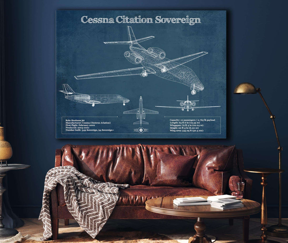 14" x 11" / Stretched Canvas Wrap Cutler West Cessna Citation Sovereign Original Blueprint Art
