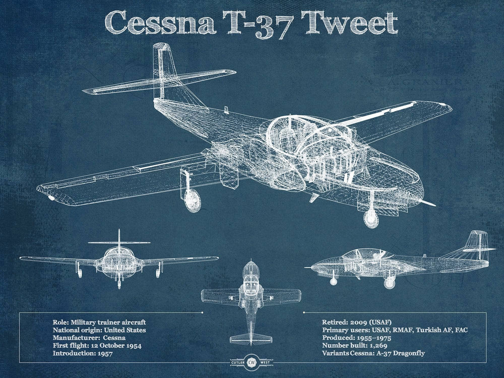 14" x 11" / Stretched Canvas Wrap Cutler West Cessna T-37 Tweet Trainer Aircraft Original Blueprint Art