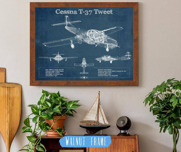 20" x 16" / Walnut Frame Cutler West Cessna T-37 Tweet Trainer Aircraft Original Blueprint Art