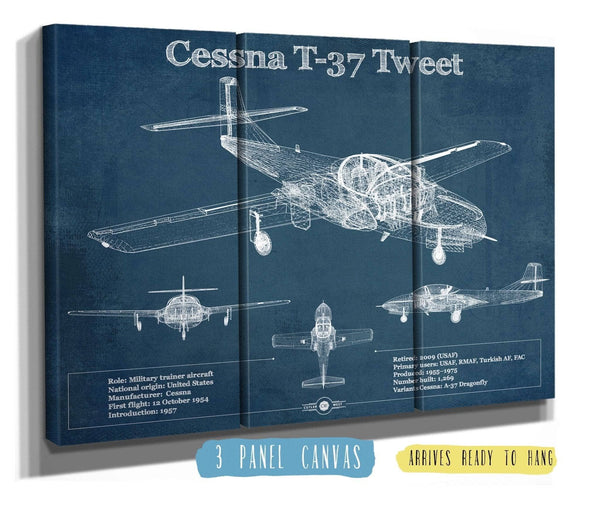 36" x 24" / 3 Panel Canvas Wrap Cutler West Cessna T-37 Tweet Trainer Aircraft Original Blueprint Art