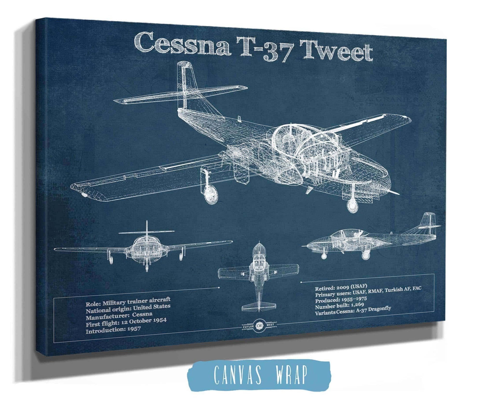 Cutler West Cessna Collection Cessna T-37 Tweet Trainer Aircraft Original Blueprint Art