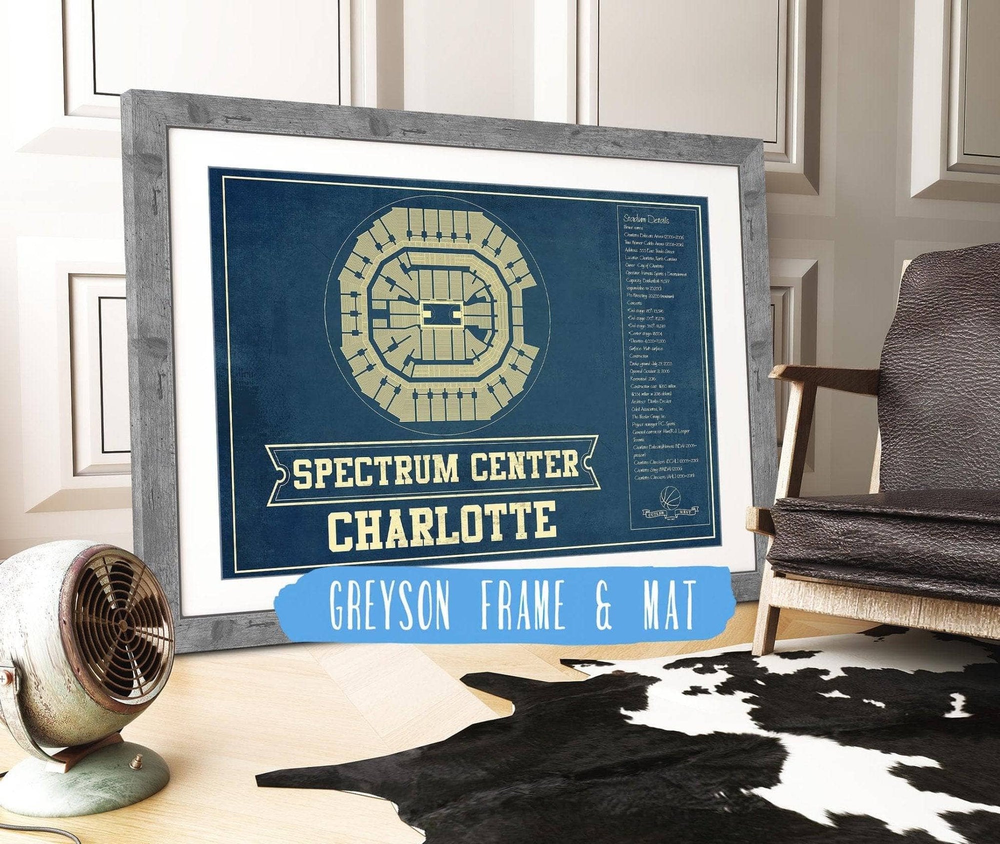 Cutler West Basketball Collection 14" x 11" / Greyson Frame Mat Charlotte Hornets Spectrum Center Vintage Basketball Blueprint NBA Print 933350159_75977