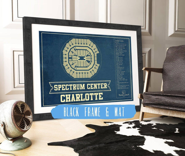 14" x 11" / Black Frame Mat Cutler West Charlotte Hornets Spectrum Center Vintage Basketball Blueprint NBA Print