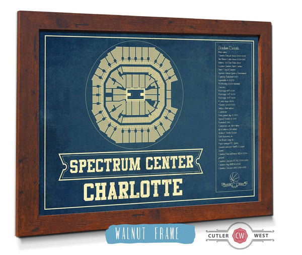 20" x 16" / Walnut Frame Cutler West Charlotte Hornets Spectrum Center Vintage Basketball Blueprint NBA Print