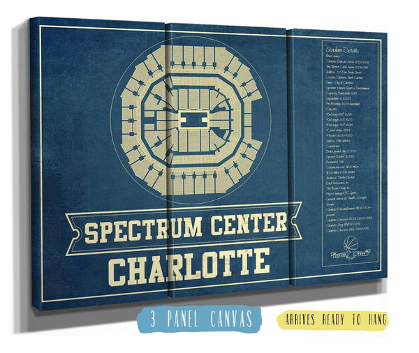 36" x 24" / 3 Panel Canvas Wrap Cutler West Charlotte Hornets Spectrum Center Vintage Basketball Blueprint NBA Print