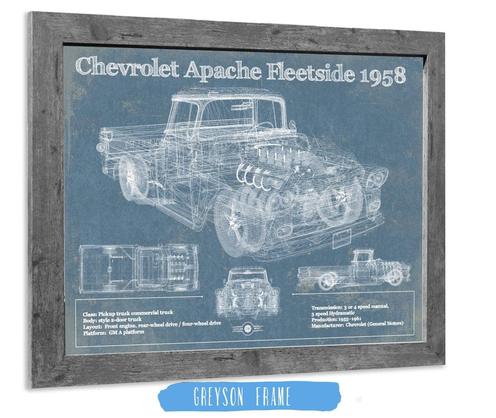 14" x 11" / Stretched Canvas Wrap Cutler West Cheverolet Apache Fleetside 1958 Vintage Blueprint Truck Print