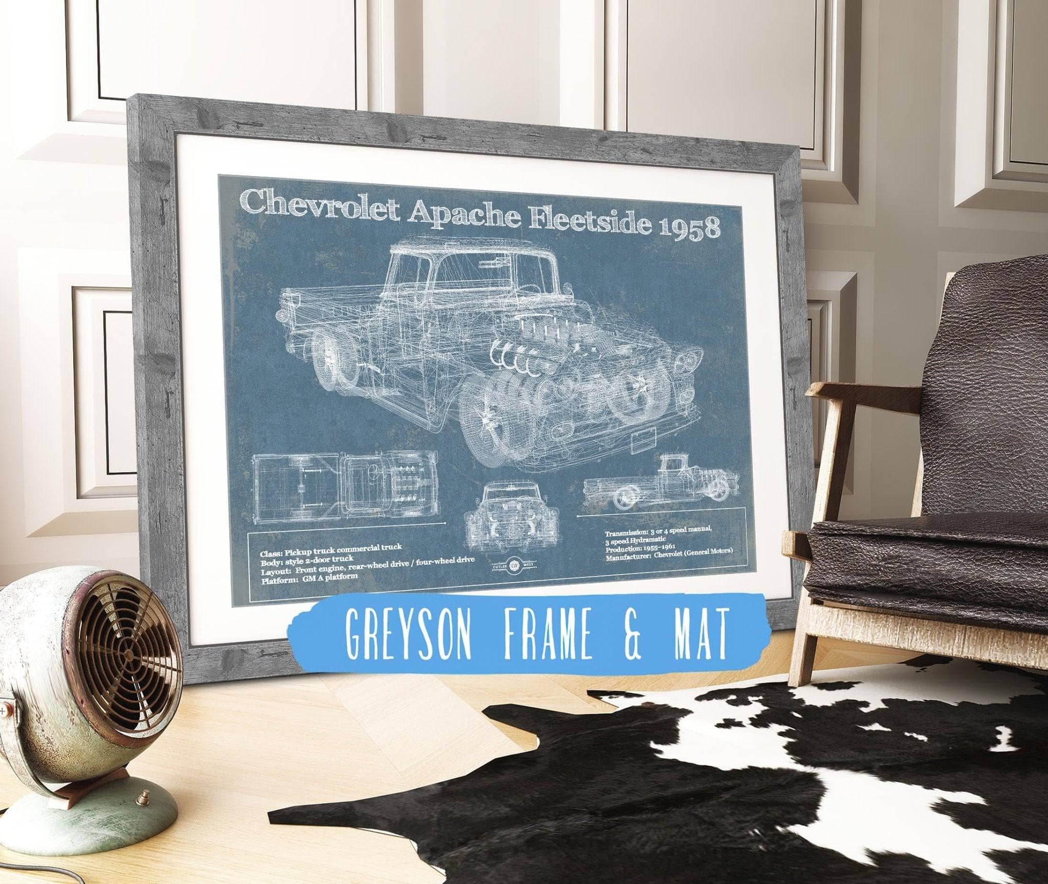 Cheverolet Apache Fleetside 1958 Vintage Blueprint Truck Art by