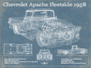 14" x 11" / Unframed Cutler West Cheverolet Apache Fleetside 1958 Vintage Blueprint Truck Print