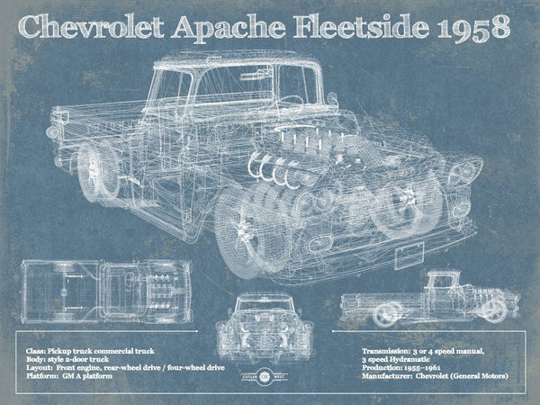 14" x 11" / Unframed Cutler West Cheverolet Apache Fleetside 1958 Vintage Blueprint Truck Print