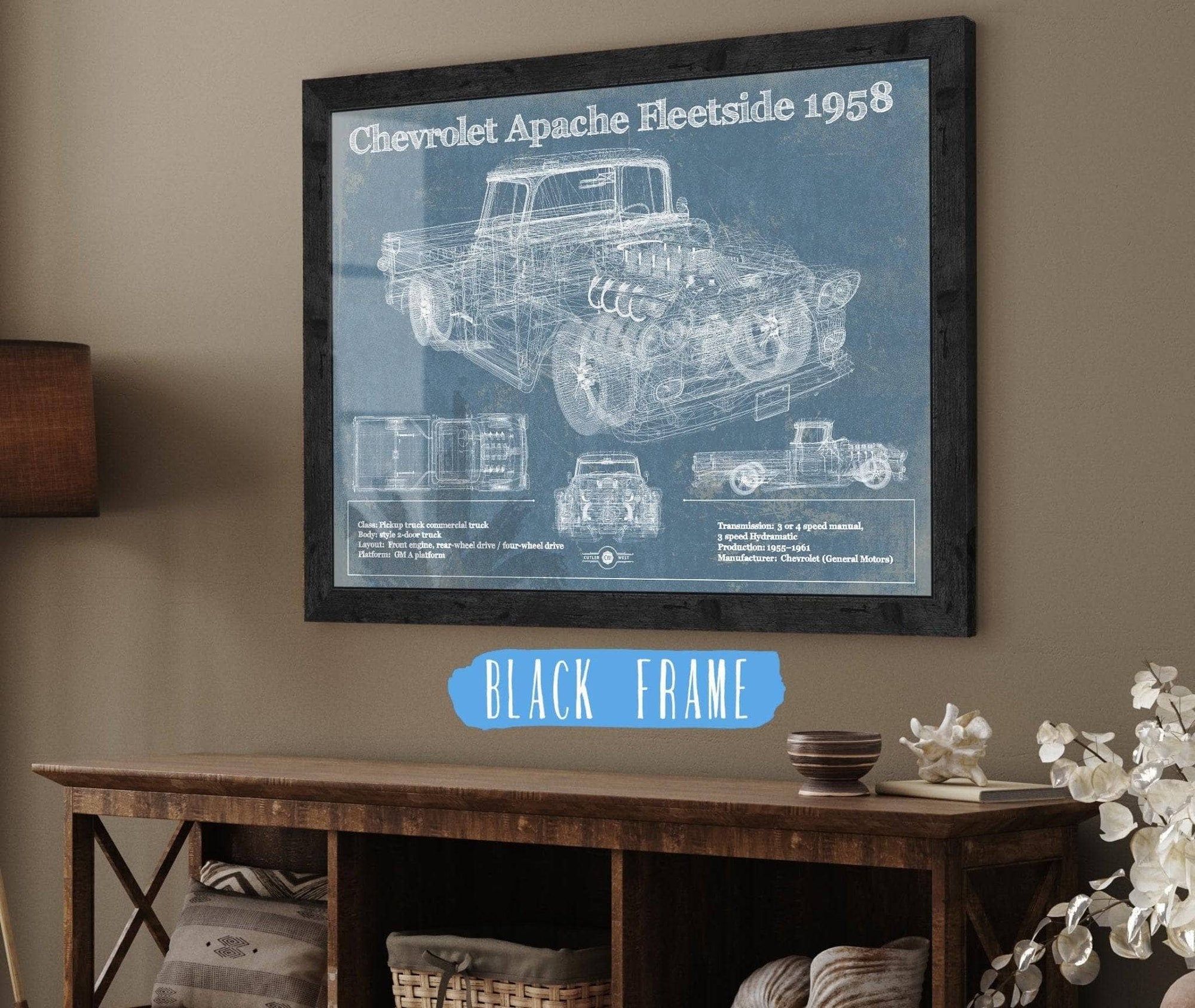 Cutler West Chevrolet Collection Cheverolet Apache Fleetside 1958 Vintage Blueprint Truck Print
