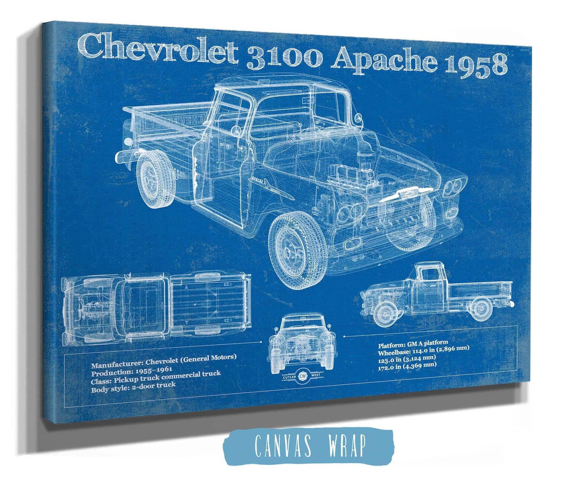 Cutler West Chevrolet Collection Chevrolet 3100 Apache Pickup 1958 Vintage Blueprint Truck Print
