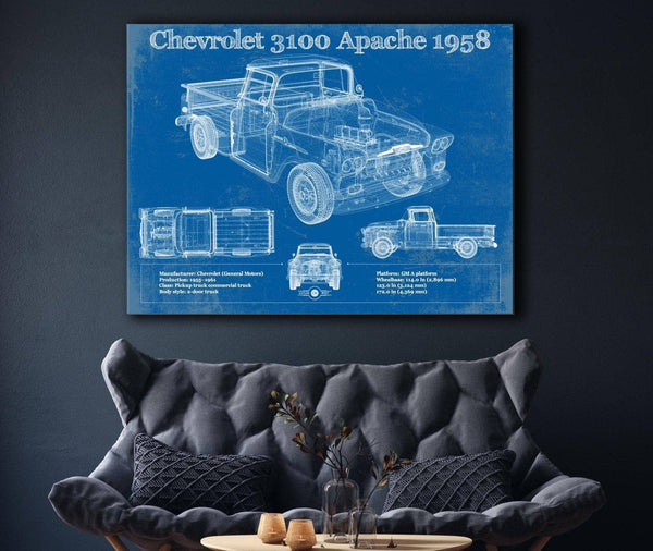 Cutler West Chevrolet 3100 Apache Pickup 1958 Vintage Blueprint Truck Print