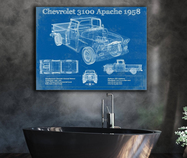 Cutler West Chevrolet 3100 Apache Pickup 1958 Vintage Blueprint Truck Print