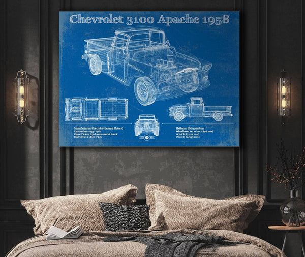 Cutler West Chevrolet 3100 Apache Pickup 1958 Vintage Blueprint Truck Print