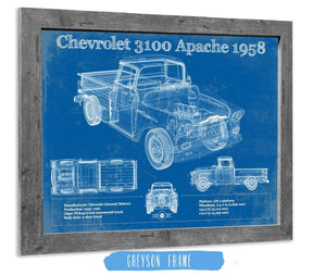 14" x 11" / Greyson Frame Cutler West Chevrolet 3100 Apache Pickup 1958 Vintage Blueprint Truck Print