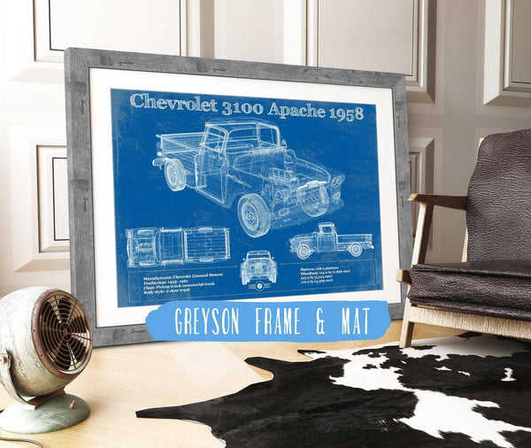 14" x 11" / Greyson Frame & Mat Cutler West Chevrolet 3100 Apache Pickup 1958 Vintage Blueprint Truck Print