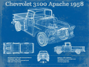 14" x 11" / Unframed Cutler West Chevrolet 3100 Apache Pickup 1958 Vintage Blueprint Truck Print
