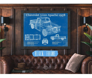 20" x 16" / Black Frame Cutler West Chevrolet 3100 Apache Pickup 1958 Vintage Blueprint Truck Print